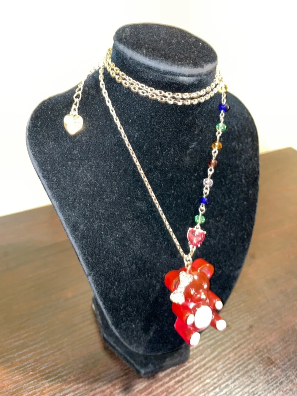 Betsey Johnson Red Bear Pendant Necklace – Multicolor Beads, Whimsical Jewelry